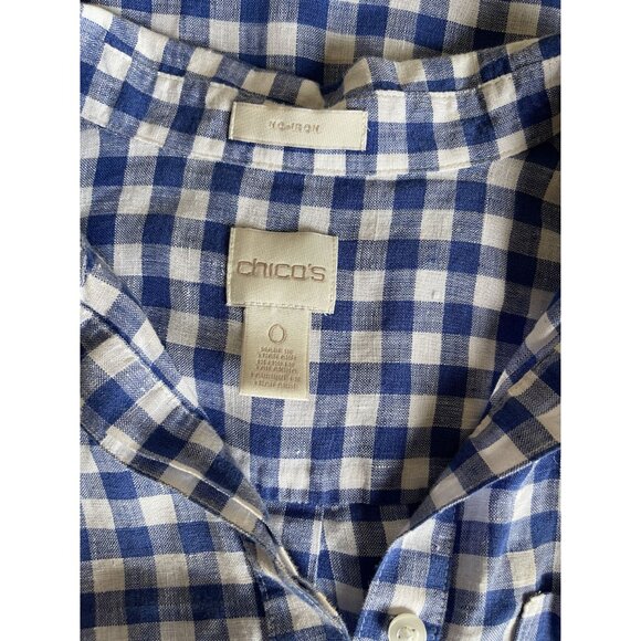 Chico's Size 0/Small/US 4 Blue White Buffalo Plaid Gingham No Iron 100% Linen Po - Picture 10 of 10